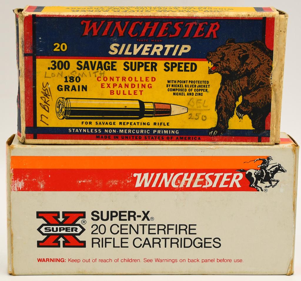2 Collector Boxes of .300 Savage Ammunition: 2 Collector Boxes of .300 Savage Ammunition, 11 Rounds & 9 Empty Brass Casings Are Winchester Super-X 150 Grain & 17 Empty Brass Casings Are Winchester Marked Empty Brass Comes With Original Collector