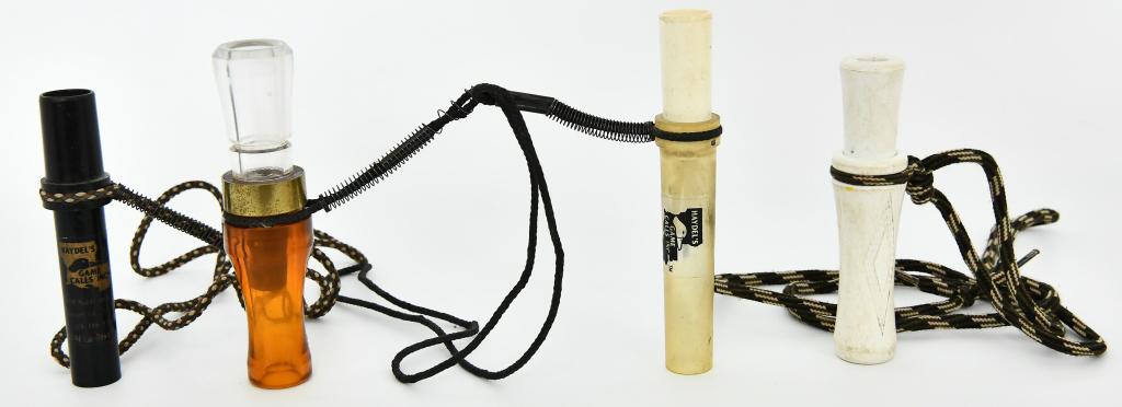 Duck Call lot Buck Gardner, Haydels & Lohman: lot contains 4 Duck calls; one is Canada Hammer II by Buck Gardner, One is Haydel's Game Call H-81 Honker, one is Haydel's CF-94 Cut-down Flute call, one is Lohman and is white (no model number on thi