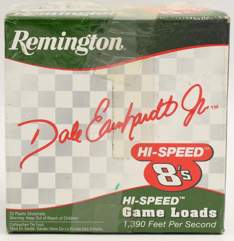 Collectors Box Of Remington Dale Earnhardt JR: Collectors Box Of Remington Dale Earnhardt JR 12 Ga Plastic Shotshells, 2 3/4" Hi-Speed 8's Game Load Shotshells, Box Appears in Excellent Condition & Comes Cellophane Wrapped