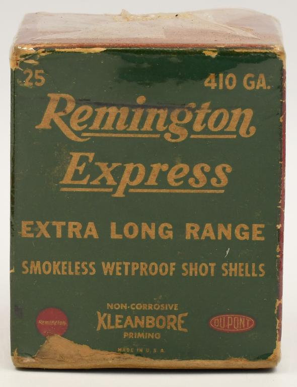 Collector Box Remington Express 410 Ga Shotshells: Collector Box Remington Express 410 Ga Shotshells, Extra Long Range, Smokeless Wetproof Shotshells Kleanbore Priming , Box Appears In Overall Good Condition For Its Age , Also Comes Cellophane Wrapped