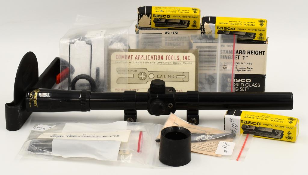 Large Lot Of Misc Scope Rings & Scope Accessories: Large Lot Of Misc Scope Rings & Scope Accessories, Lot Contains , Crossman 4x16 BB Gun Scope, Tasco World Class Scope Rings With Box, Pistol Scope Bases & Much More!!!!!!
