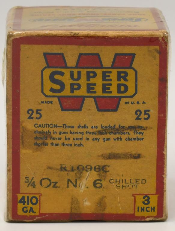 Collectors Box Of 25 Rds Of Winchester .410 Ga: Collectors Box Of 25 Rds Of Winchester .410 Ga Super Speed 3" 6 Chilled Shot Shotshells, Made In USA Box Appears in Excellent Condition & Comes Cellophane Wrapped