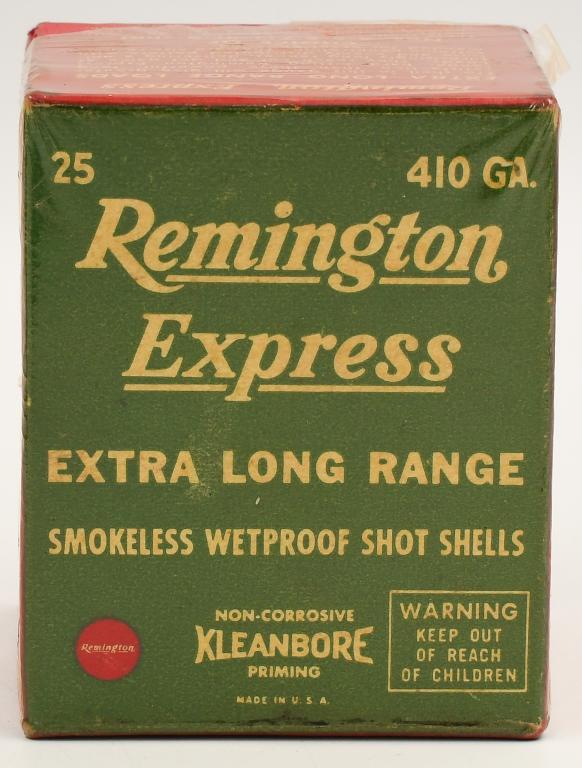 Collector Box of 25 Rds Remington Express 410 Ga: Collector Box of 25 Rds Remington Express 410 Ga Shotshells, Extra Long Range, Smokeless Wetproof Shotshells Kleanbore Priming , Box Appears In Overall Excellent Condition For Its Age , Also Comes Cel