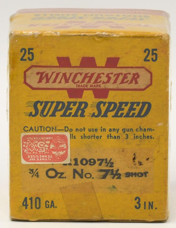 Collectors Box Of 25 Rds Winchester 410 Ga: Shotshells; Collectors Box Of 25 Rds Winchester 410 Ga Shotshells, 3" Length, 3/4 OZ , 7 1/2 Shot Shotshells, Box Appears in Excellent Condition & Comes Cellophane Wrapped