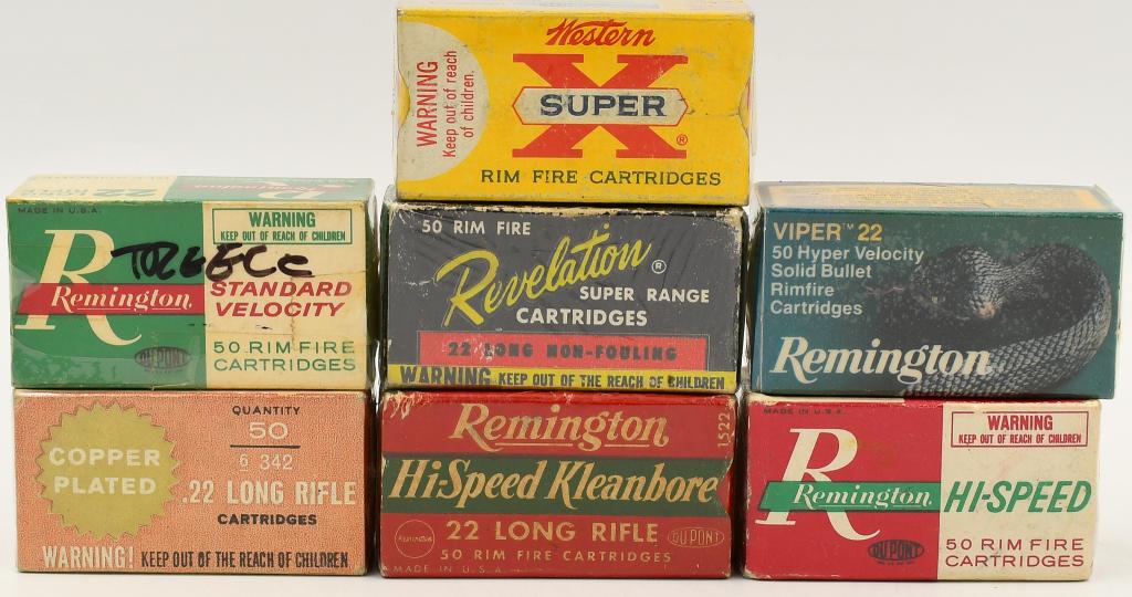 350 Rounds Of Various Collector .22 LR Ammunition: 350 Rounds Of Various Collector .22 LR Ammunition, Contains 4 Boxes Of Various Remington Ammunition , 1 Box Of Revelation Super Range Ammo , 1 Box Of Sears Copper Plated .22 LR Ammo, & 1 Box Of Wester