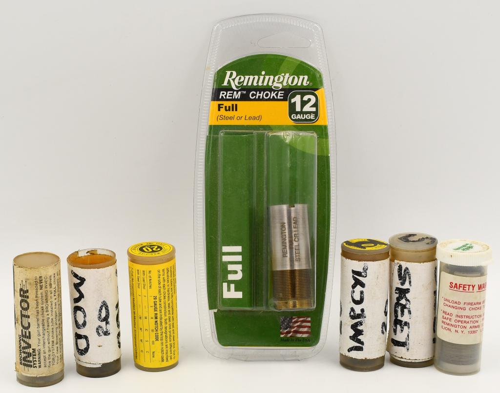 Lot Of 7 Various 12 Ga & 20 Ga Shotgun Chokes: Lot Of 7 Various 12 Ga & 20 Ga Shotgun Chokes, 1 Browning Model 20 Choke, 1 New In Package Remington Full Size Steel Or Lead Shotgun Choke , 1 Browning Skeet Choke & Tool , 1 Model 20 Imp Cylinder Cho
