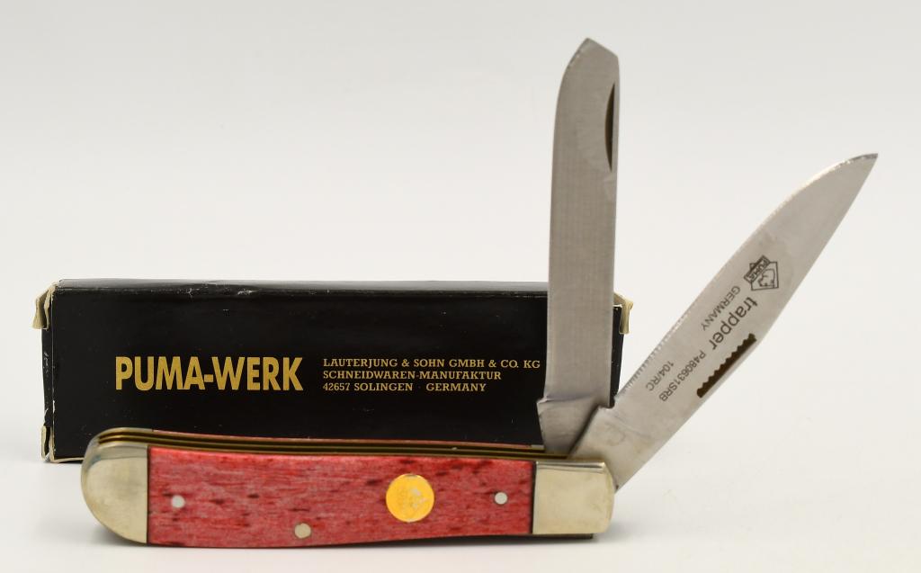 Puma Trapper Knife with Pink Smooth Bone Handle: Puma Trapper Knife with Pink Smooth Bone Handle, Made In Germany , 104/RC Steel Blades, Blade Measures Approx 2 3/4" Long , Puma Trapper Folding Pocket Knife , Appears In Overall Excellent Condition &
