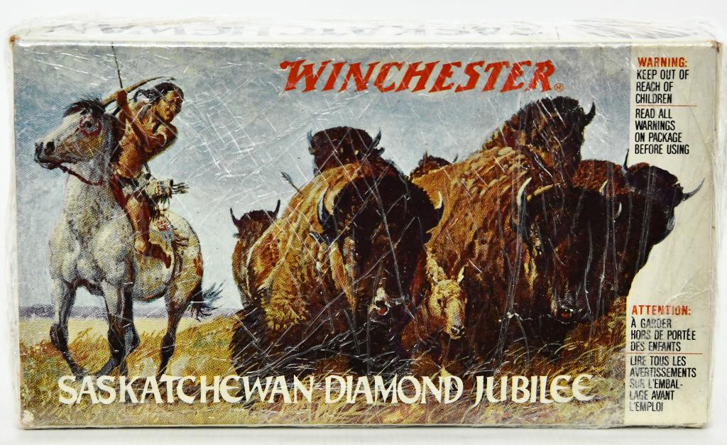 Winchester Saskatchewan Diamond Jubilee .38-55: Up Next We Have a Collector Box of 20 Rounds of Winchester Saskatchewan Diamond Jubilee .38-55 Ammo, It is Cellophane Wrapped.