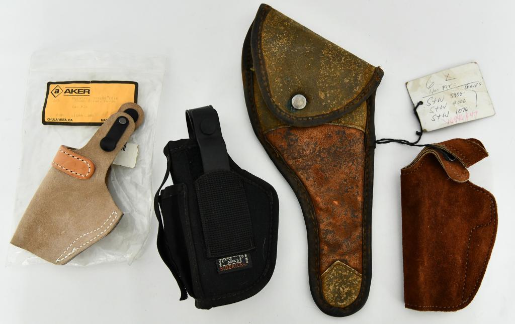Lot of 4 Various Size Leather & Nylon Holsters: Lot of 4 Various Size Leather & Nylon Holsters, Lot Contains, 1 Aker Tan Inside Clip Holster New In package, 1 Moose Brand Sporting Goods U36 Sp38 Leather Holster , 1 Uncle Mikes Side Kick Size 16 Nyl