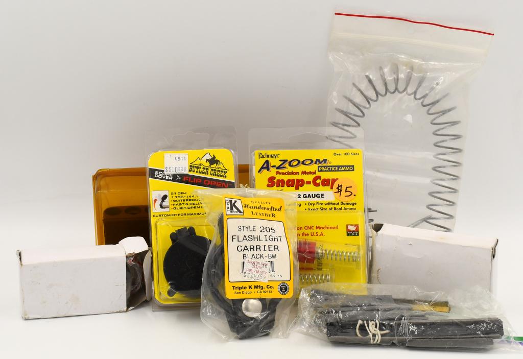 Large Lot of Various Gun Accessories: Large Lot of Various Gun Accessories, Lot Contains , Butler Creek Flip Open Scope Cover New In Package, Various Scope Rings & Bases, Rifle Spring & Snap-Cap New In Package