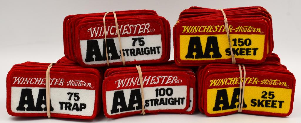 Large Lot of Winchester AA Sew-On Patches: Large Lot of Winchester AA Sew-On Patches, Includes Some , Winchester Western 75 Trap AA Patches, Winchester Western AA 25 Skeet Patches , & Winchester Skeet 150 AA Patches