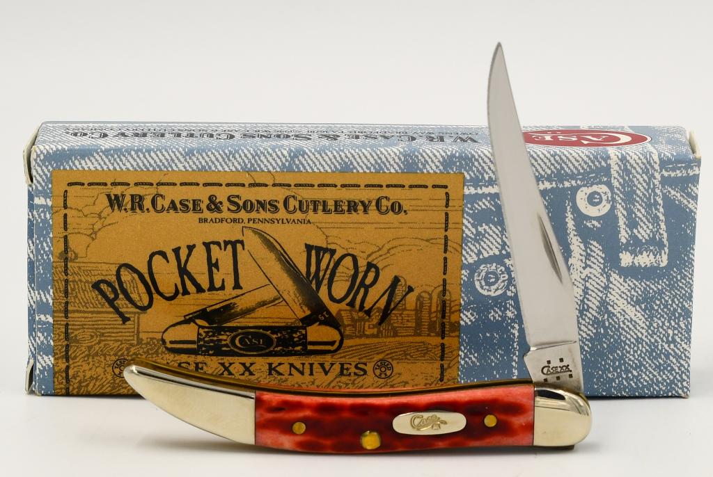 Case XX Texas Toothpick Red Bone Handle Knife: Case XX Texas Toothpick Red Bone Handle Folding Pocket Knife, Long clip blade, stainless steel. 3" closed 5.25" open , Knife Appears In Excellent condition,