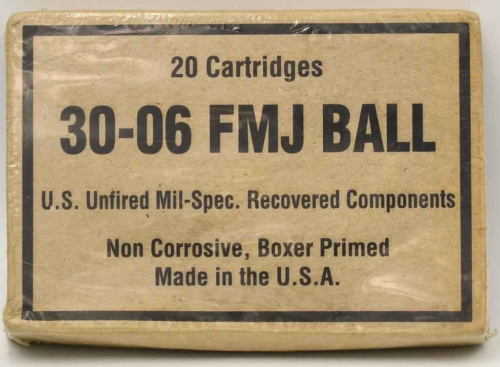 Collectors Box of 20 Rds .30-06 FMJ Ball: Ammunition; Collectors Box of 20 Rds .30-06 FMJ Ball Ammunition, US Unfired Mil-Spec Recovered Components, Non Corrosive Boxer Primed Ammo, Made in USA , Box Appears In Excellent Condition & Comes Cel
