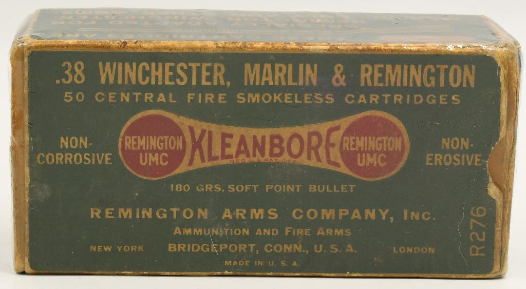 Collectors Box Of 50 Rds Remington .38 Win,Mar,Rem: Collectors Box Of 50 Rds Remington .38 Win,Mar,Rem Ammunition , Kleanbore Priming , Dog Bone Box, .38 Winchester Marlin & Remington Caliber Ammunition , Box Appears In Overall Excellent Condition For 
