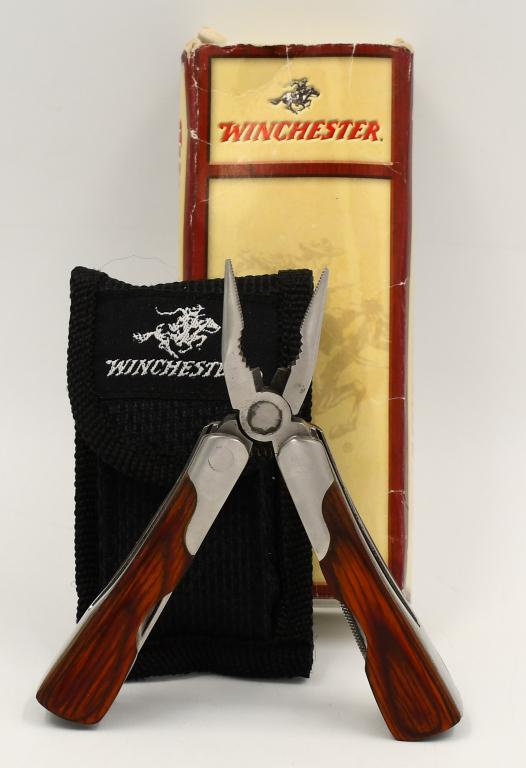 Winchester Mini Folding Multi Tool & Sheath NIB: Winchester Mini Folding Multi Tool & Sheath NIB, Mini multi Tool With Wood Handles & Various Blades & Built In Tools, Comes New In Box With Nylon Sheath