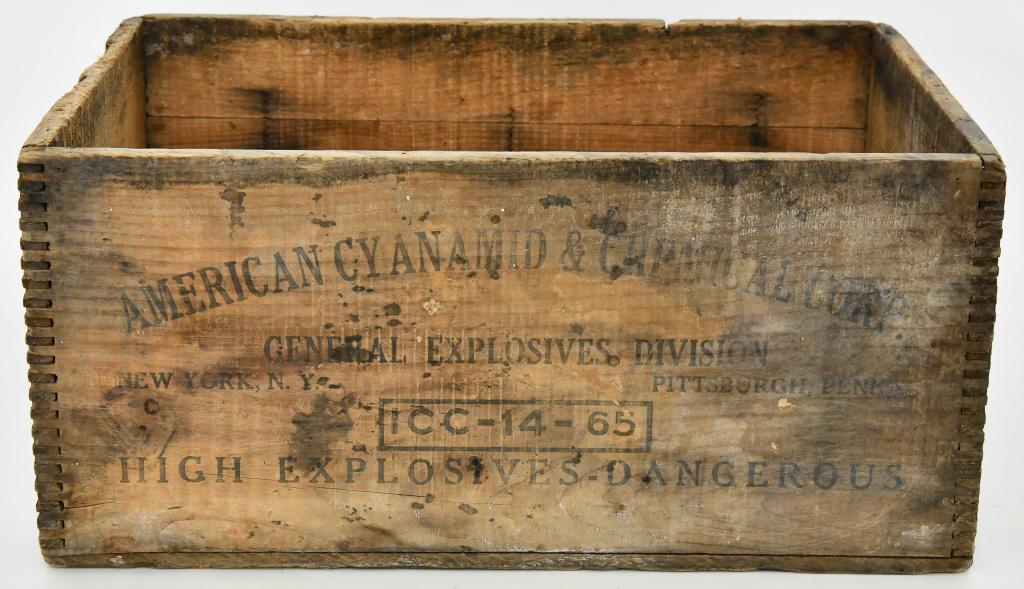 Vintage American Cyanamid Wood dynamite Crate: Vintage American Cyanamid Wood dynamite Crate, Marked General Explosives Division ICC-14-65, High Explosive Dangerous, Measures Approx 18" x 8" x 12"