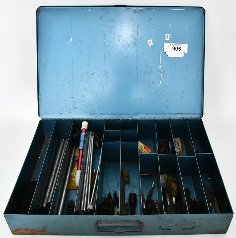 Lot of Various Gun Cleaning Accessories & Metal: Lot of Various Gun Cleaning Accessories & Large Bowman Metal Storage Containers , Lot Also Comes With Various Cleaning Rods, Gun Cleaning Parts & Various Size Bore Brushes