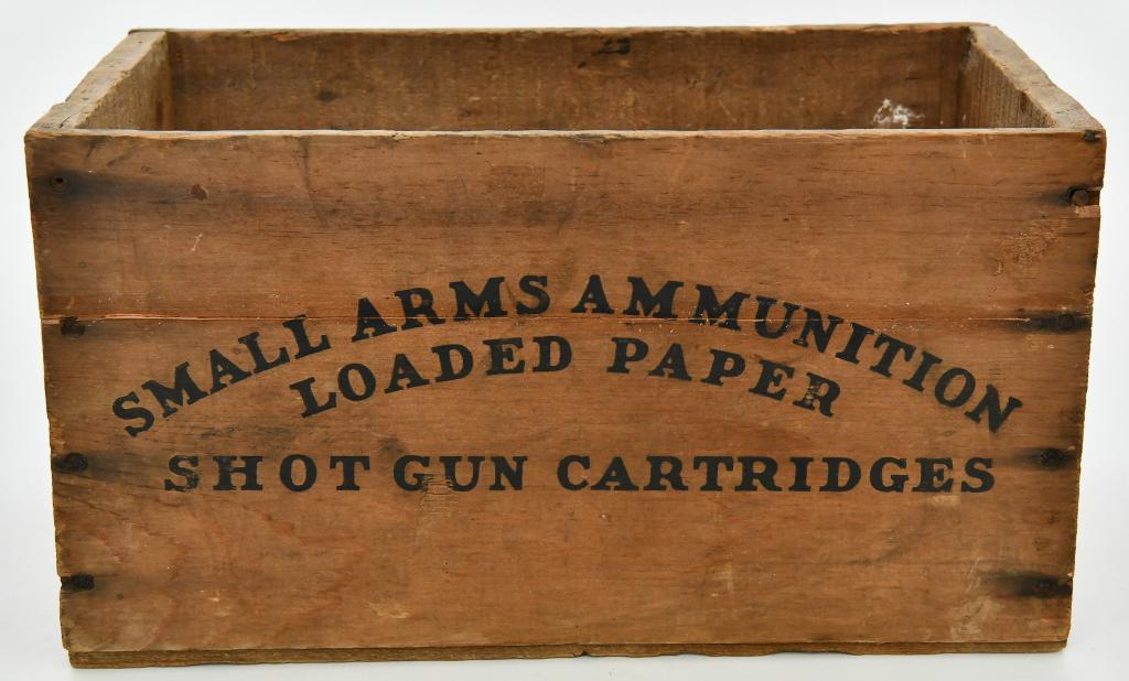 FEDERAL SHELLS MONARK Wood Crate: lot contains nice pre owned wood crate-measures approx 14x8x7.5" which apparently held 20 Gauge shot shells at one point, comes with black letters one each side of the box, one Two sides shows Small A