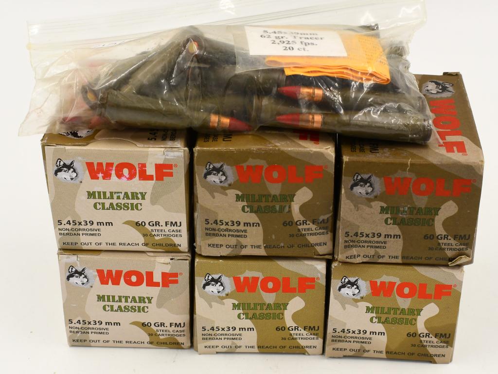 200 Rounds Of Wolf Military Classic 5.45x39mm: 200 Rounds Of Wolf Military Classic 5.45x39mm Ammunition, 180 Rounds Are Wolf Military Classic 60 Grain Full Metal Jacket Non Corrosive Priming Berdan Primed, & 20 Rounds Are 62 Grain Red Tip Tracer A