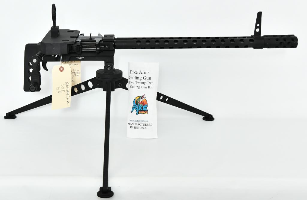Ruger / Pike Gatling Gun Dual Rifle 10/22's: Up Next is a WAY Cool Ruger / Pike Arms Gatling Gun, This set up is Comprised of Two Ruger 10/22 Rifles on a Pike Arms Gatling Gun Kit with Tripod Mount. Features CNC machined aluminum construction wi