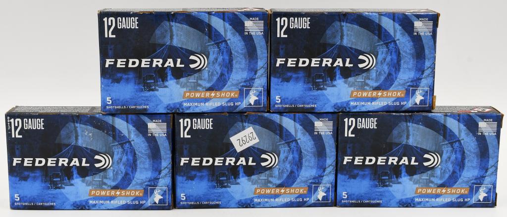25 Rounds of Federal Power-Shok 12 Ga Shotshells: 25 Rounds of Federal Power-Shok 12 Ga Shotshells 2-3/4" 1 oz Hollow Point Rifled Slug Federal Power-Shok Slugs provide better shot alignment and harder-hitting performance in the field. Loaded with Fe
