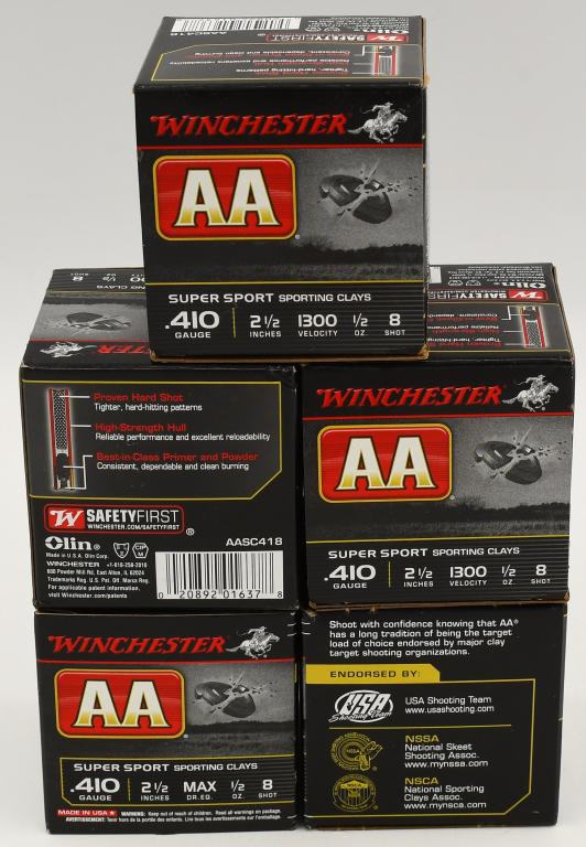 125 Rounds Of Winchester AA Super Shot .410 Ga: 125 Rounds Of Winchester AA Super Shot .410 Ga Shotshells, 2-1/2" #8.5 1/2 Ounce .410 Bore Winchester AA Super Sport Sporting Clays, 2-1/2", #8.5 Lead Shot, 1/2 oz., 1300 fps, 25 Rounds Per Box These 