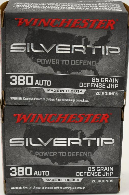 40 Rounds Of Winchester Silvertip .380 Auto Ammo: 40 Rounds Of Winchester Silvertip .380 Auto Ammo JHP 85 Grains W380ST Trusted for decades when it matters most, Silvertip offers the time-proven design with the Power to Defend. With its engineered ja