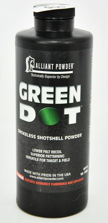 Alliant Green Dot Smokeless Shotgun Powder 1lb: Alliant Green Dot Smokeless Shotgun Powder 1lb 1 Canister; This Alliant Green Dot Smokeless Powder elivers precise burn rates for uniformly tight patterns and is versatile for target and field. NOTE; 
