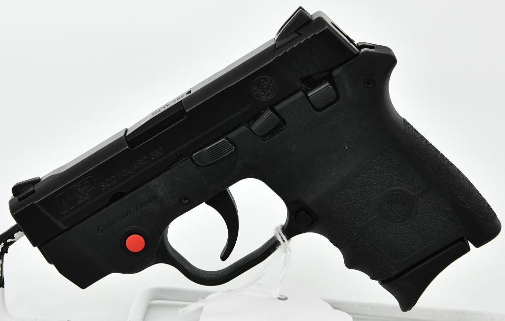 Smith & Wesson M&P Bodyguard .380 ACP W/ Laser: Up Next is a Smith & Wesson Bodyguard Semi Auto Pistol Chambered in .380 ACP, 2.75" Barrel, w/ Integral Crimson Trace Laser, One Magazine, and is in Great Pre-owned Condition. More from the internet b