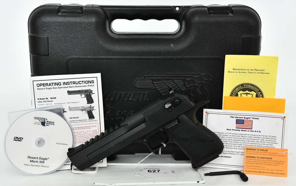 Magnum Research IWI Desert Eagle .50 AE Magnum: Up Next We Have a Isreal Weapons Industries Desert Eagle Mark XIX Semi Auto Pistol Chambered in The Massive .50 AE, and comes in the original factory Hard Case and comes with One Magazine, Tool, CD an