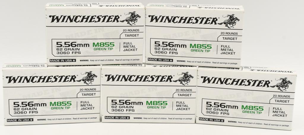 100 Rounds Of Winchester 5.56 Nato M855 Ammo: 100 Rounds Of Winchester 5.56 Nato M855 Ammo Winchester 5.56 NATO M855 Ammunition 62 Grains SS109 FMJ Green Tip 3060 fps 20 Rounds per Box Winchester SS109 Green Tip Penetrator Loaded by Winchester us