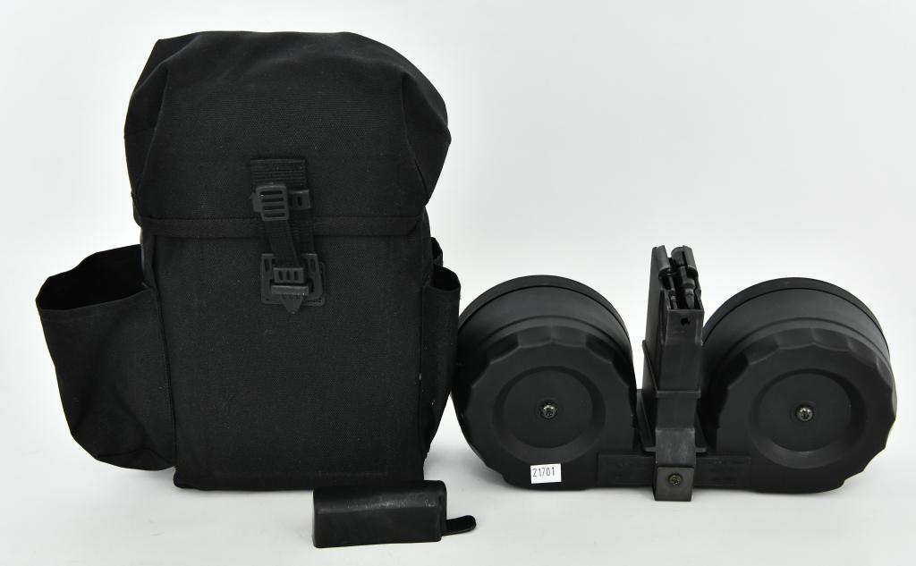 Mini-14 .223/5.56 100 Round Dual Drum Magazine: Lot contains a Ruger Mini-14 Ranch Rifle 100 round dual Drum Magazine with Black Tactical pouch Chambered For 5.56 NATO, .223. (PLEASE NOTE, left small pouch has broken snap, can be repaired) The 100-