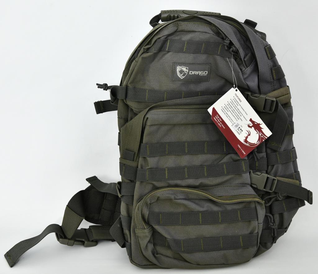 Drago Gear Assault Backpack 20"x15"x13" New: Drago Gear Assault Backpack 20"x15"x13" New With Tags 600D Polyester Green 14-302GR The DRAGO Gear Assault Backpack is ideal for an every day carry pack, bug out bag, prepping supply, range bag, and a
