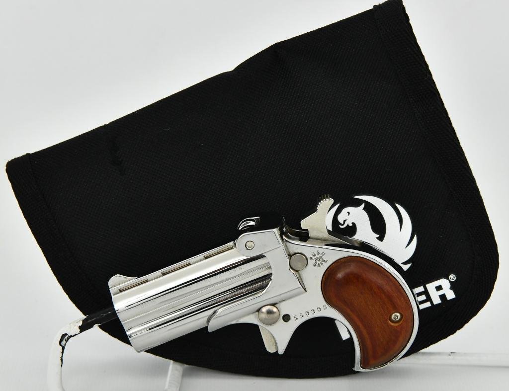 Davis Industries DM-22 Magnum Derringer Pistol: Here is your pocket rocket, This Davis DM-22 Two Shot derringer is chambered in .22 Magnum solid rosewood grips, Chrome Finish, and Comes in a Little Ruger Pouch, Drop this in your pocket today!