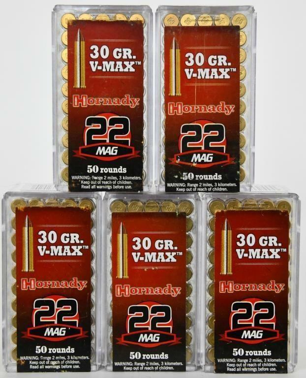 250 Rounds Of Hornady .22 WMR Ammunition: 250 Rounds Of Hornady .22 WMR Ammunition V-Max, 30 Grains Features and Specifications: Manufacturer Number: 83202 Caliber: .22 Winchester Magnum Rimfire Bullet Type: Hornady V-Max Bullet Weight: 30 Gr