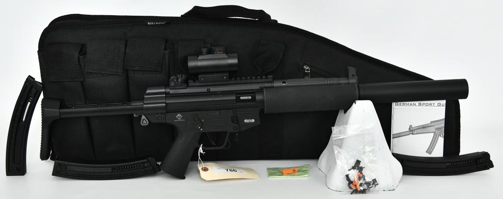 German Sport Gun GSG-522 Rifle .22 LR: Up Next We Have a German Sport Gun Model GSG-522 Rifle With Faux Suppressor Chambered For .22 LR HV, It Comes With Three Magazines, Collapsible Stock , Topped With a Red/Green Dot Sight, Paperwork, an