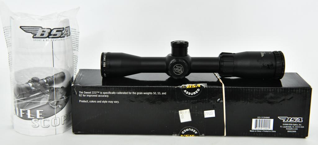 BSA Sweet 22-2-7X32SP Riflescope: Super nice pre owned BSA Sweet 22 -2-7X32SP Riflescope with the box note: the box does NOT have the lid to the box, also comes with papers comes with lens covers, cloth and tool. BSA, The Benchmark fo