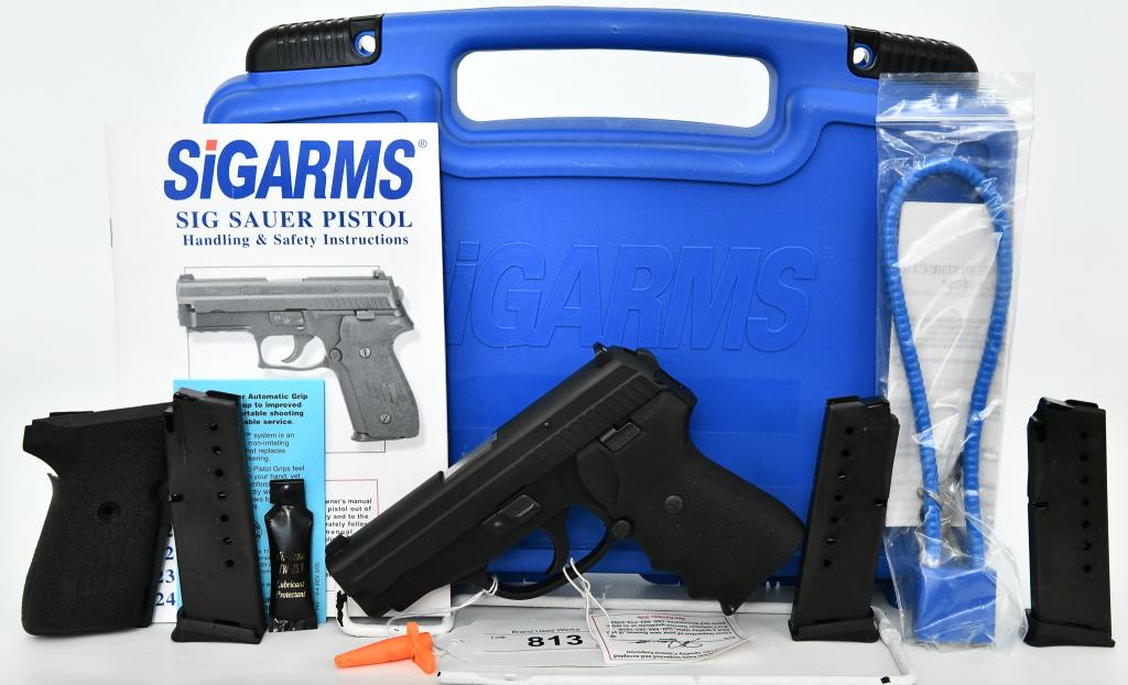 Sig Sauer P239 Stainless Semi Auto Pistol 9MM: Here we have a Sig Sauer P239 Stainless Semi Auto Pistol Chambered in 9MM and Comes with Four Single Stack 7 Round Magazines, In Excellent and Possibly Unfired Condition. It Comes in The Factory Hardc
