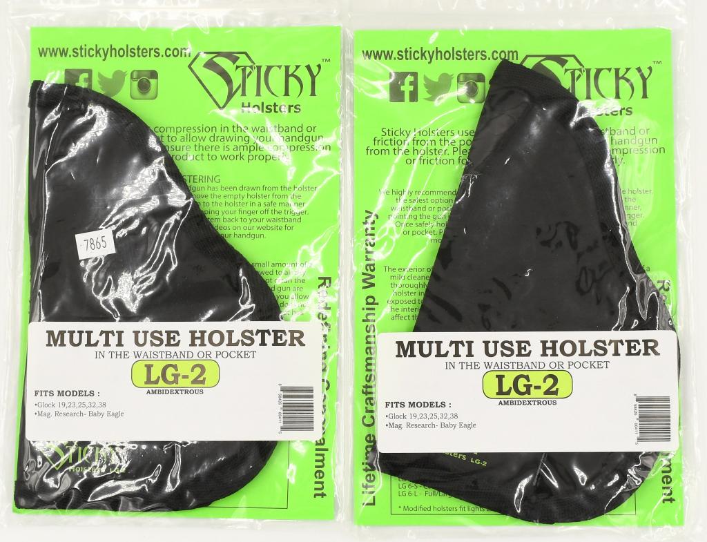 Lot of 2 NIP Sticky Multi Use Holsters for Glock: 19,23,25; Lot of 2 NIP Sticky Multi Use Holsters for Glock 19,23,25,32,& 38, Tired of bulky holsters with annoying clips or stubborn loops that require a belt just to carry your firearm? The people at