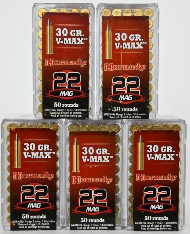 250 Rounds Of Hornady .22 WMR Ammunition: 250 Rounds Of Hornady .22 WMR Ammunition V-Max, 30 Grains Features and Specifications: Manufacturer Number: 83202 Caliber: .22 Winchester Magnum Rimfire Bullet Type: Hornady V-Max Bullet Weight: 30 Gr