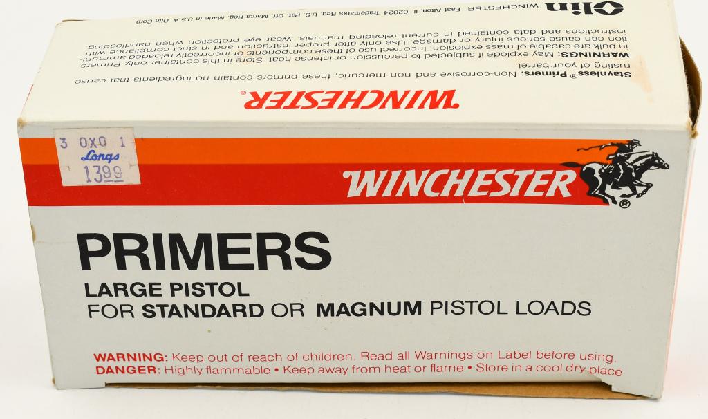 900 Count Of Winchester Large Pistol Primers: 900 Count Of Winchester Large Pistol Primers Up Next We Have 900 Winchester Large Pistol Primers, for standard or magnum pistol Loads, These non-corrosive, all weather primers deliver fast, dependable