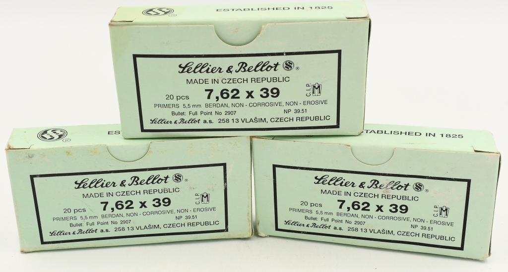 60 Rounds Of Sellier & Bellot 7.62x39mm Ammo: 60 Rounds Of Sellier & Bellot 7.62x39mm Ammo, Berdan Primed Non Corrosive Priming, Made In Czech Republic