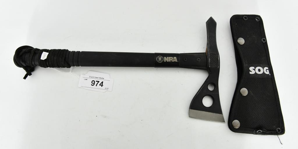 SOG Tactical Tomahawk Hatchet NRA labeled w/Shea: SOG Tactical Tomahawk Hatchet NRA labeled with Cordura Heavy Duty Sheath. overal length is approx 15.5", Reinforced Nylon Handle with leather tie. comes to you in nice pre owned condition