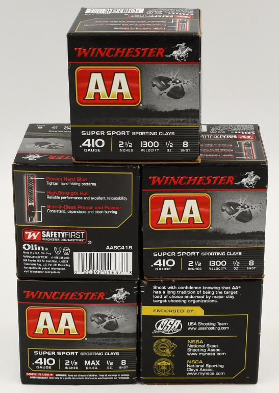 125 Rounds Of Winchester AA Super Shot .410 Ga: 125 Rounds Of Winchester AA Super Shot .410 Ga Shotshells, 2-1/2" #8.5 1/2 Ounce .410 Bore Winchester AA Super Sport Sporting Clays, 2-1/2", #8.5 Lead Shot, 1/2 oz., 1300 fps, 25 Rounds Per Box These 
