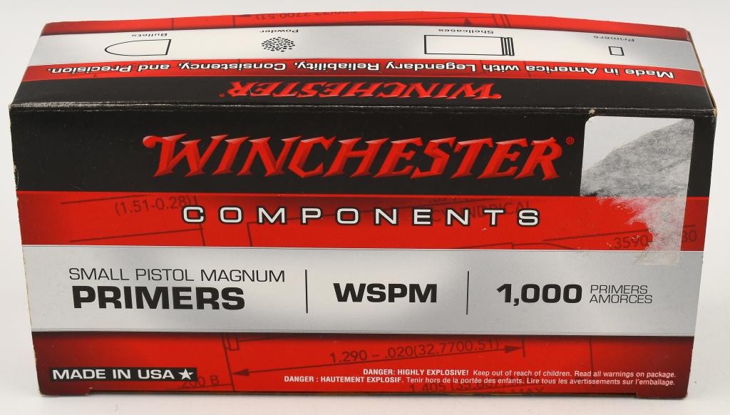 1000 Ct Winchester Small Pistol Magnum Primers: 1000 Ct Winchester Small Pistol Magnum Primers Box of 1000 (10 Trays of 100) These non-corrosive, all weather primers deliver fast, dependable ignition under any shooting condition. Primers are consta