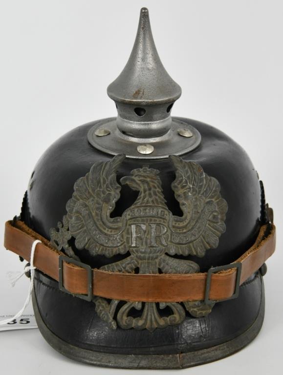 WWI M1915 Leather German Pickelhaube Prussian: WWI M1915 Leather German Pickelhaube Prussian Helmet, Up Next We Have a WWI Leather German Pickelhaube Prussian helmet. Eagle appears original and unchanged and reads Koenig FR. Overall in Great condi