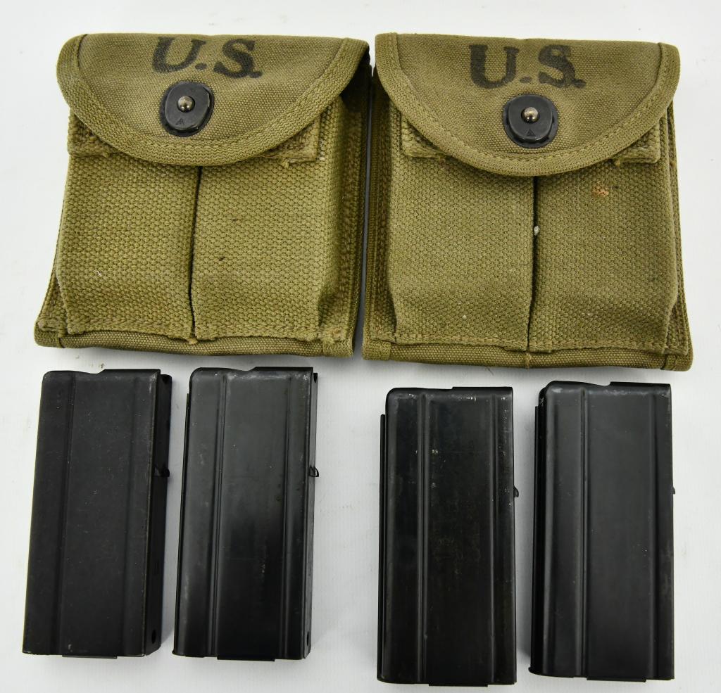 Lot of 4 .30 Carbine 15 Rd Magazines W/ 2 Pouches: Lot of 4 .30 Carbine 15 Rd Magazines W/ 2 Pouches, Lot Includes 4 15 Round Metal 30 Caliber Carbine Magazines Unmarked Matte Black Color , Also Comes With 2 US Marked Military Magazines Pouches Marked