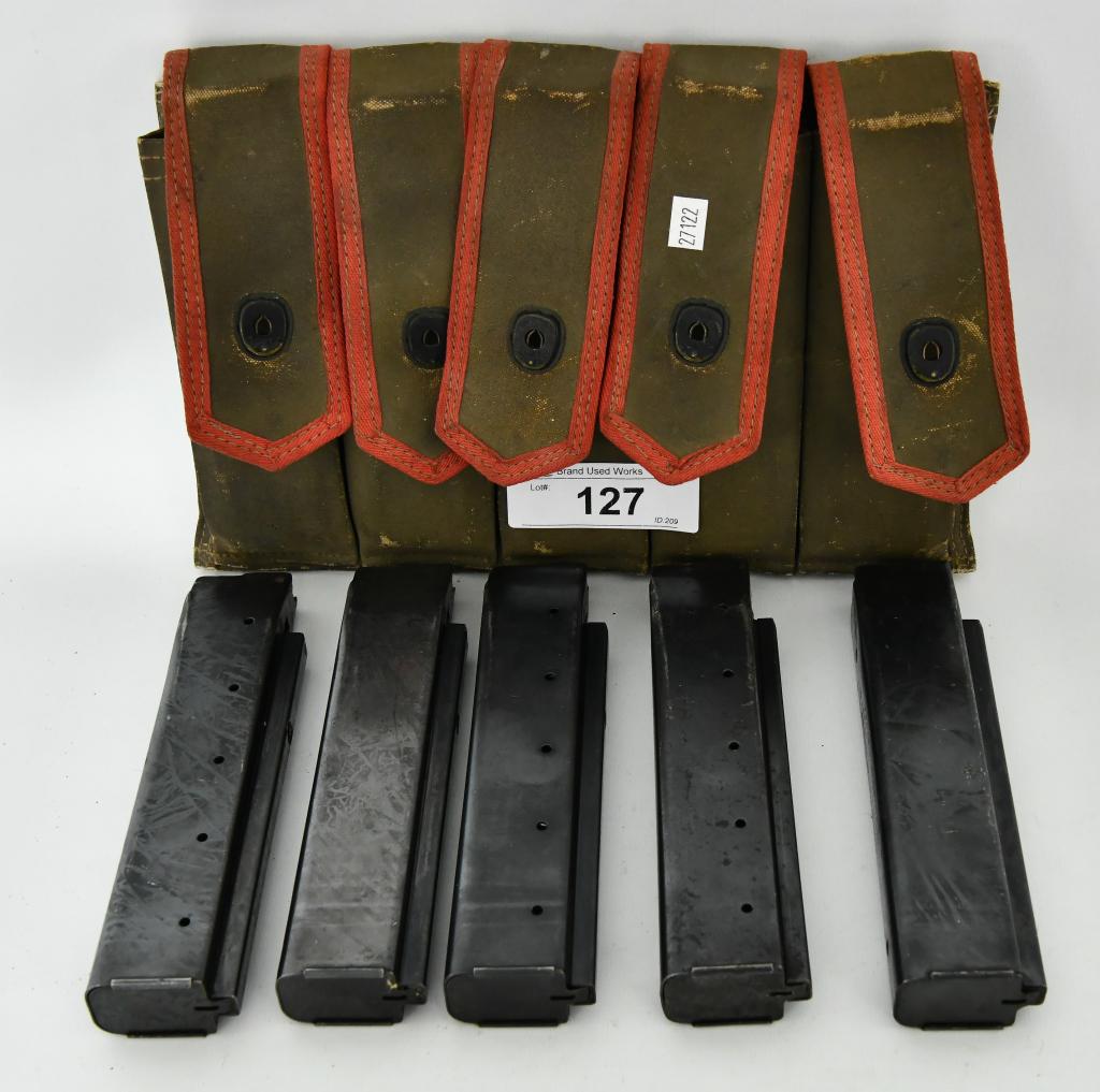 (5) H&R Reising model 50 .45 Cal Magazines: Lot contains (5) Harrington and Richardson Reising Model 50 submachine gun and its variants, .45 caliber magazines, appears to hold approx 20 rounds per magazine. Stamped Worcester Mass U.S.A, and com