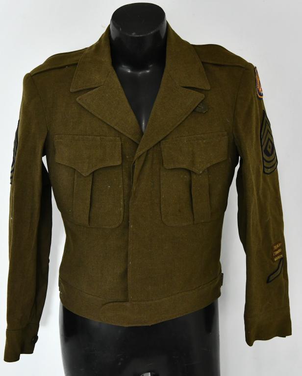 Vintage U.S. Military "Ike" Field Jacket 38R Wool: Lot contains a Nice Vintage U.S. Military WWII "Ike" Field Jacket sized 38R this Jacket is OD Green, Lined, and comes with a tag that shows Jacket, Field, Wool, OD Stock # 55-J-384-646 slight worn so 