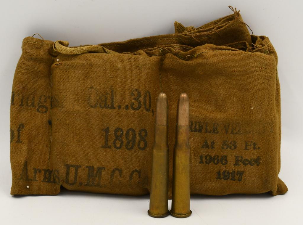 16 Rounds Of R.A Marked .30/40 Krag Ammunition: 16 Rounds Of R.A Marked .30/40 Krag Ammunition, Brass Cased Round Nose Ammunition With Bandolier